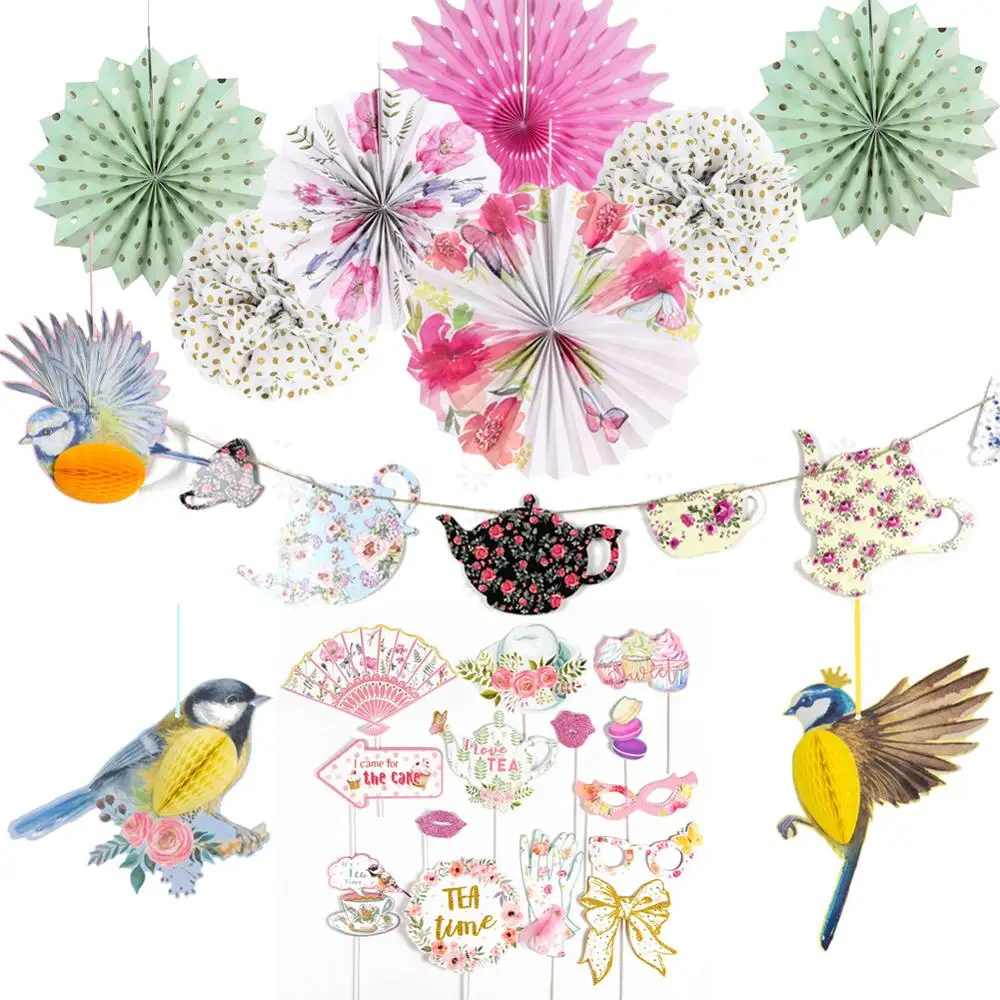 

Spring Tea Party Decorations Supplies Paper Rosette Fans 3D Birds Tea Pot Banner Photo Backdrop After Party Home Gardens Decor