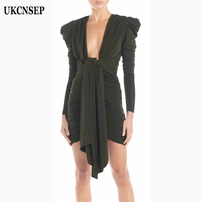

UKCNSEP 2019 New Arrival Elegant Women Cocktial Party Dress Deep V Lace Up Bodycon Draped Sexy Women Dress
