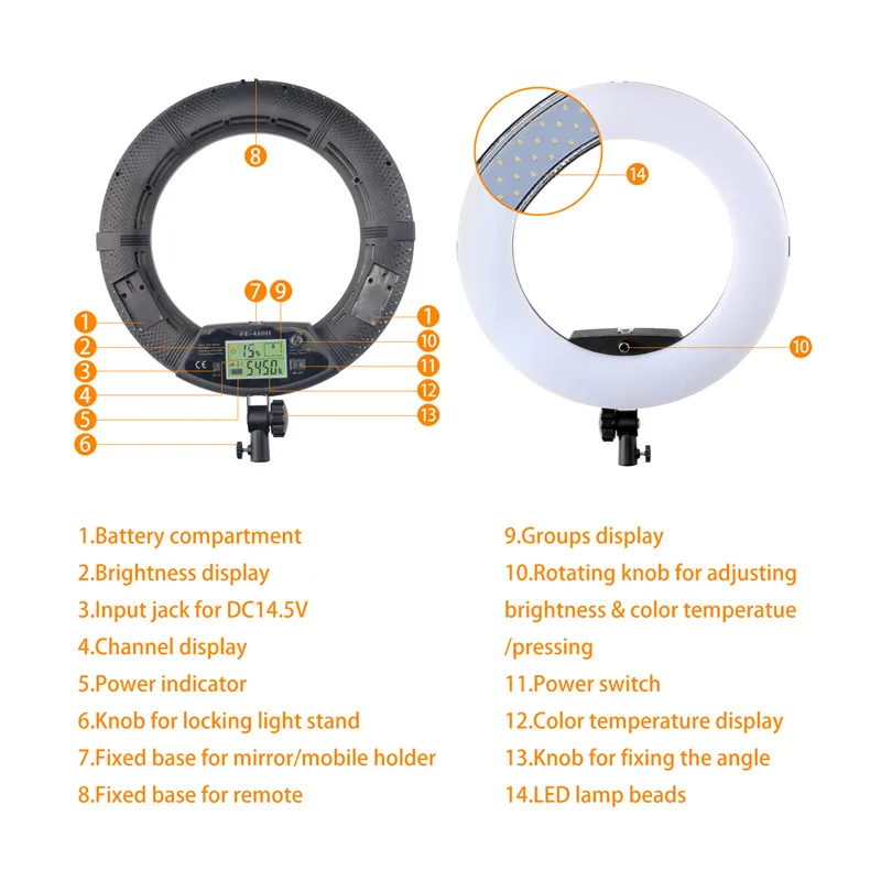 fosoto FE-480II Photographic Lighting 96W 480Led Bi-Color Dimmable Camera Phone Photography Ring Li