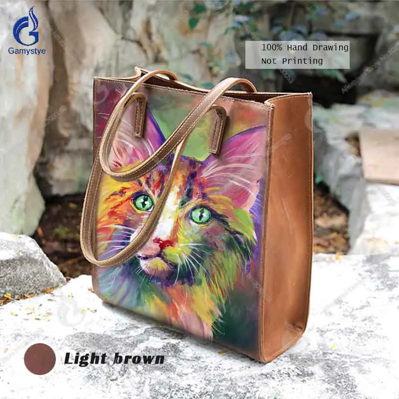 

2018 Women Full Grain Vegetable Tanned Leather Handbag Hand Painted High Quality Graffiti Cat Shoulder Bags Famous Brand Totes