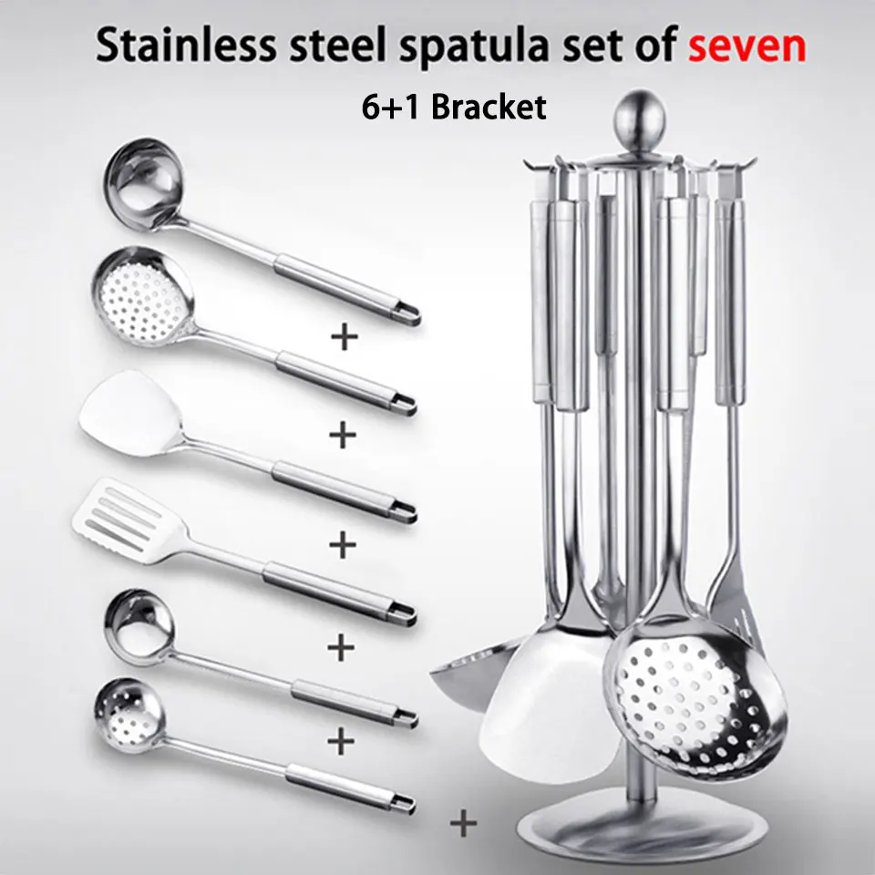 SSGP 5& 7 Pcs Set Of Kitchen Tools 304 Stainless Steel Spatula Soup Spoon Cooking Utensils Accessories With Shelf High Quality