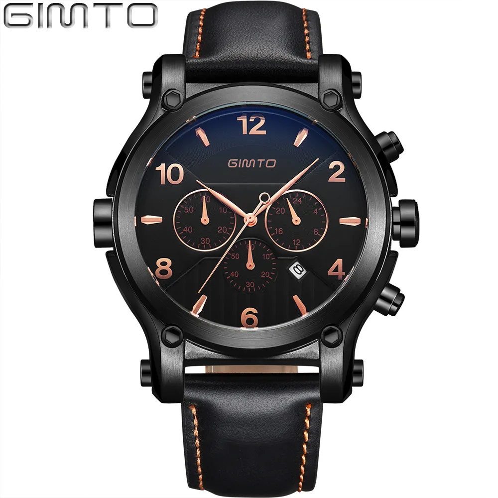 

Multifunction men watch quartz genuine leather man wristwatch GIMTO brand mens watches waterproof black brown men's clocks