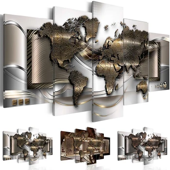 

HD Prints Home Decoration Painting 5 Pieces World Map Poster Wall Art Canvas Modular Framework Abstract Pictures For Living Room