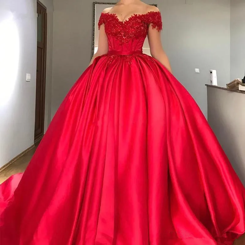 

Red Vestido De Noiva Muslim Wedding Dresses Ball Gown Off The Shoulder Lace Beaded Boho Dubai Arabic Wedding Gown Bridal