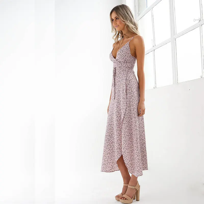 Floral Long Maxi Wrap Beach Dress Sleeveless V neck Sexy Women Summer Dress Blue Elegant High Split Boho Vestido 2