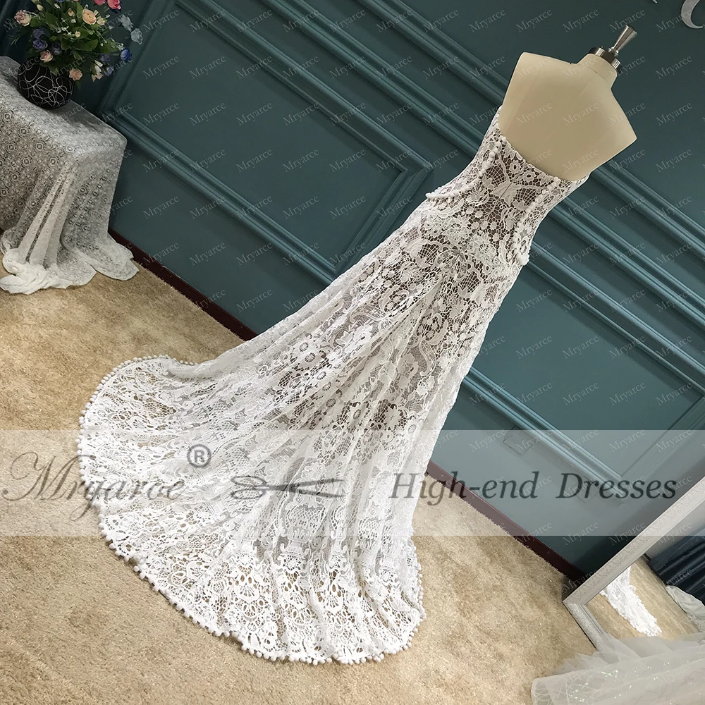 Mryarce Unique Wedding Dress 2019 Luxury Crochet Lace A Line Beau Gown A Line Boho Chic Bridal Gown Bell Sleeves  (6)