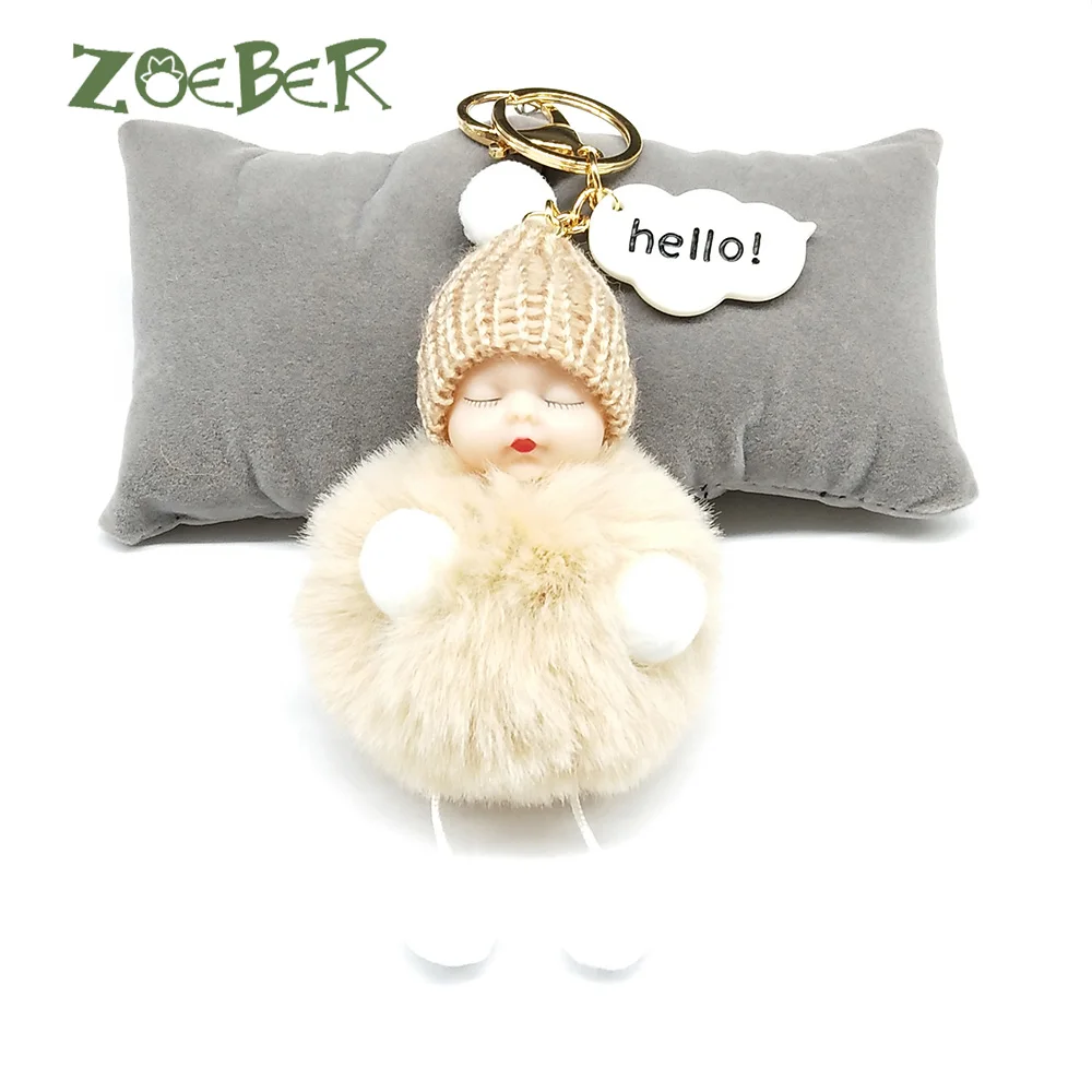 

Hello Baby Keychain Sleeping Baby Doll Keychain Pompom Fake Rabbit Fur Ball Car Keyring Women Key Holder Bag Pendant Key Chain
