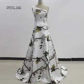 

CRYSTAL JIANG 2018 Sexy One Shoulder Real Tree Printed Custom made Court Train High Waist Vintage Bridal Wedding Dresses