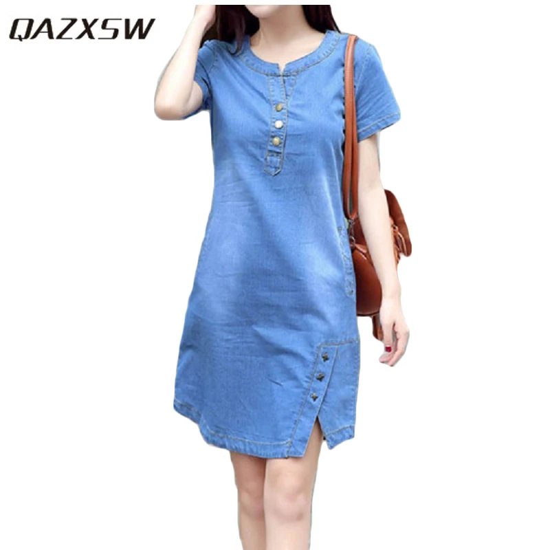 

QAZXSW Spring Summer Denim Dress For Women 2019 Harajuku Jeans Dress With Button Slip Plus Size Sarafans Vestidos Feminino HB065