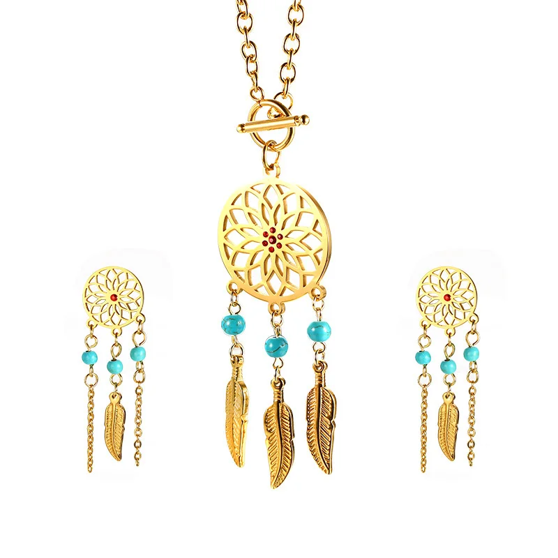 

Women's Retro Dreamcatcher Necklace Earrings Jewelry Set Golden Stainless Steel Woman Dream Catcher Jewels Accessory