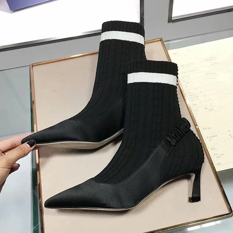 

2018 Luxury Satin Wool Socks Boots Woman Pointed Toe Rhinestone High Heel Boots Woman Fashion Elastic Ankle Boots tenis feminino