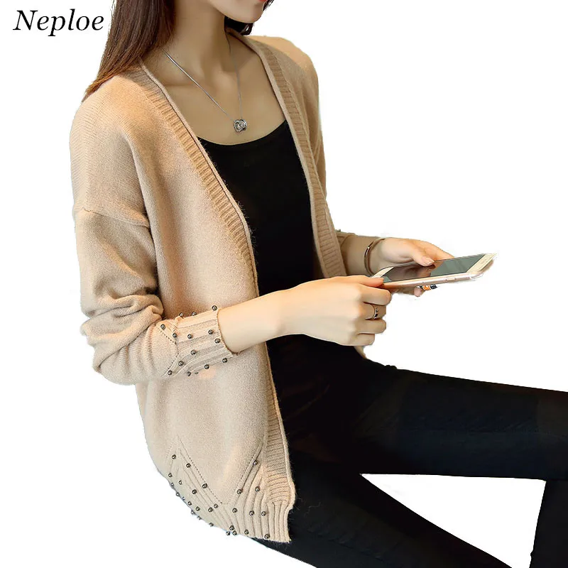 

Neploe Autumn women Cardigan 2019 New Korean Loose Sweater Women Bead Cardigan Coat Short V neck Wild Knitted Jacket 65927