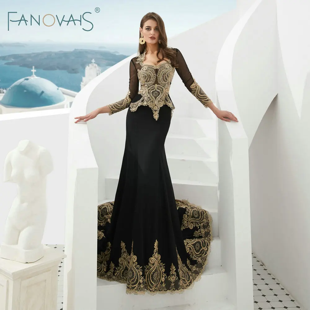 Черный Русалка вечерние платья с Мыс 2019 старинные Арабские Vestido De Fiesta Robe Soiree