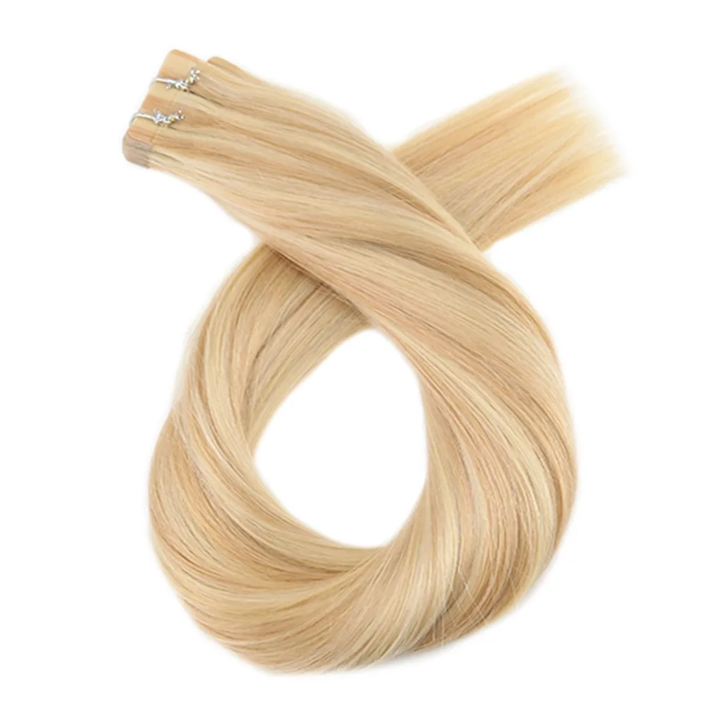 Moresoo Human Hair Extensions Tape in Hair Highlight Color Brazilian Machine Remy Hair Extensions #16 Highlight with Blonde
