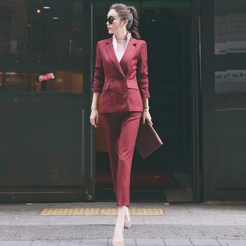 

2018 NEW Women OL Style Fashion Black Suits Sets Female Business Coats Solid Color Double Button Suits Jackets Blazers +Pants