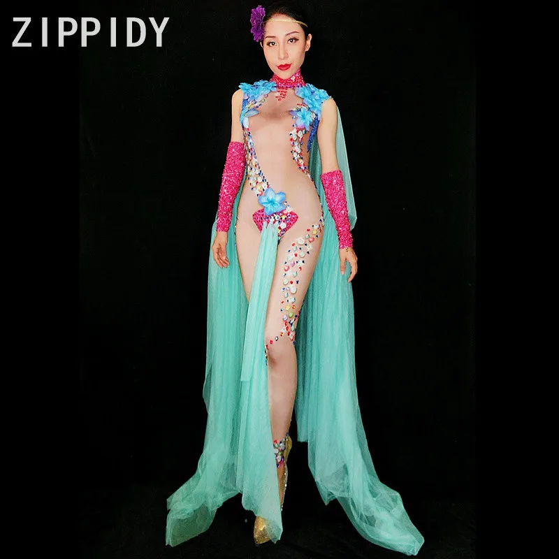 

New Style Big Flowers Rhinestones Stretch Nude Jumpsuit Women's Sexy Costume Female Singer Dance Stage Wear Green Mesh Outfit