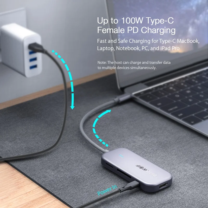 BlitzWolf BW-TH5 7 в 1 USB-C концентратор данных с 3 портами USB 3,0 TF кард-ридер USB-C PD Зарядка 4K дисплей для MacBooks для iPad