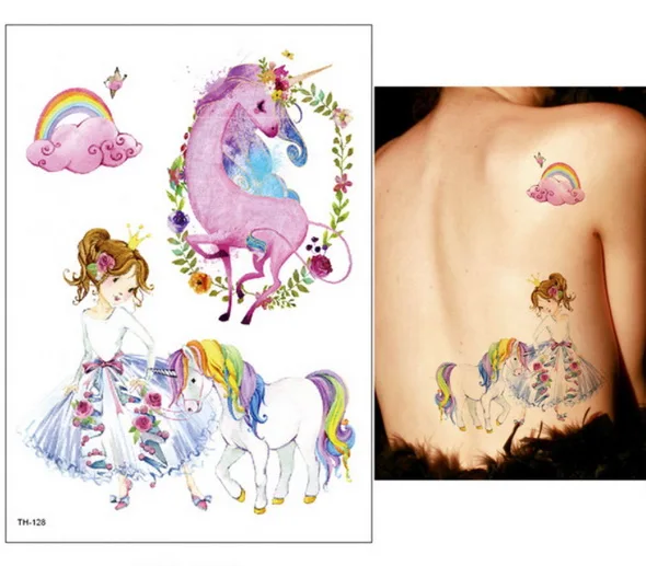 Мультяшный цветной градиентный Единорог сказочные временные тату-стикеры для детей водонепроницаемые флеш-тату подарок для девочек боди-арт - Цвет: TH128