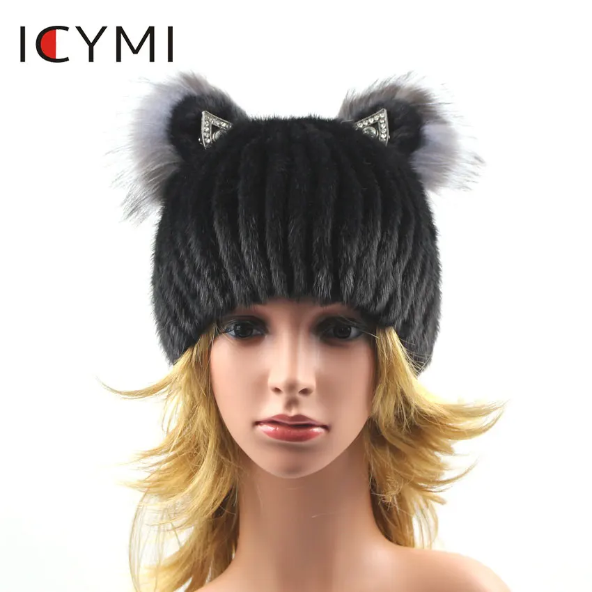 ICYMI натуральный мех шляпа милый кот зима Кристалл шапочки Для женщин девочек ручной работы эластичные трикотажные выстроились реального