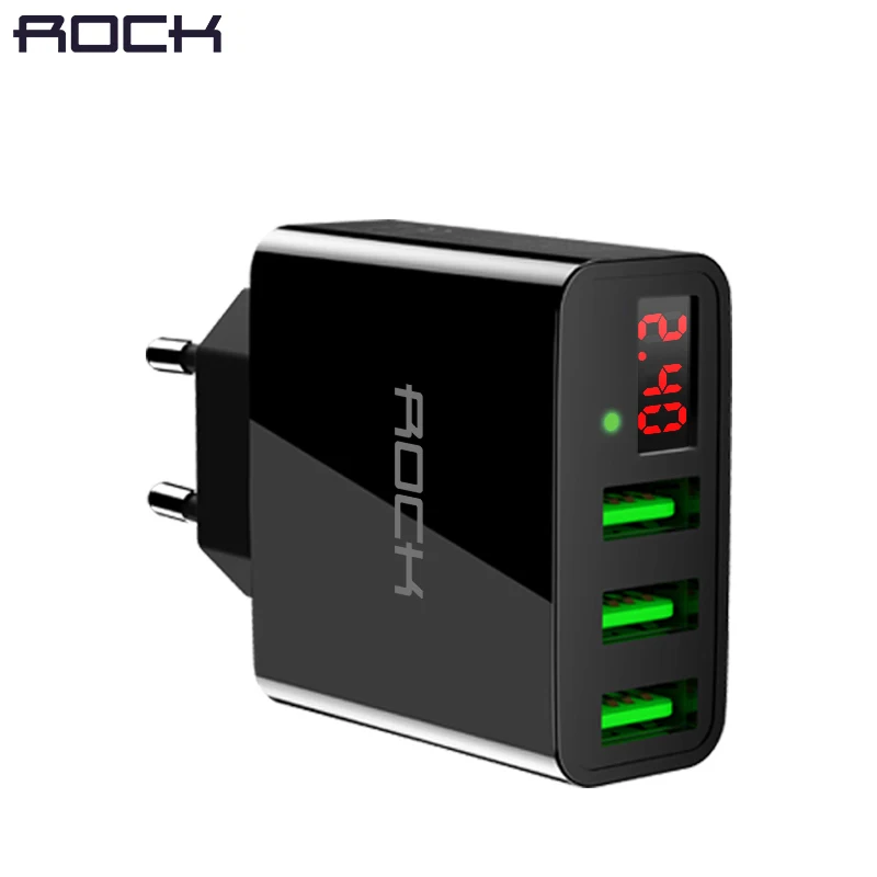 Kopen LED Display 3 USB Charger, ROCK Universele Mobiele Telefoon USB Lader Snel Opladen Lader Voor iPhone Samsung Xiaomi Max 2.4A