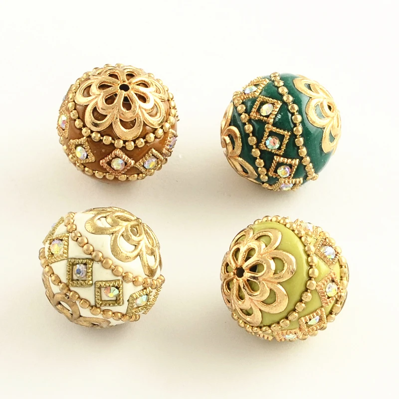 

100pcs Mixed Color Round Handmade Rhinestone Indonesia Beads for Jewelry Making with Golden Tone Alloy Cores 19~21mm Hole: 2mm