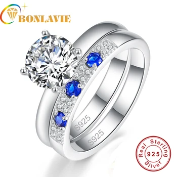 

BONLAVIE 2 Pcs 8*8mm Natual Stone Inlaid Round Sappgire Ring Set 925 Sterling Sliver Jewelry Engagement Wedding Ring for Woman
