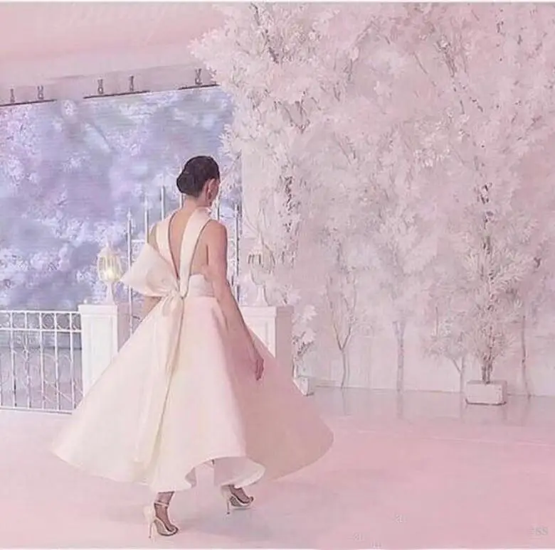 US $71.34 Latest Runway Fashion Cocktail Dress 2019 Spring High Neck Satin A Line Prom Gowns Backless Formal Party Dress Ankle Length