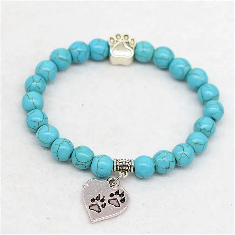 Лидер продаж, браслет из натурального камня, искусственное сердце, лапа питбуля, собаки, 8 мм, эластичная веревка, браслет для йоги, мужские и женские модные украшения