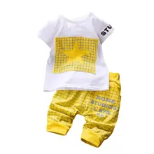 Комплекты унисекс для мальчиков и девочек Летняя хлопковая одежда 3 вида цветов топы с короткими рукавами и надписью и клетчатые штаны для активных детей, комплекты из 2 предметов повседневная одежда 18Apr3