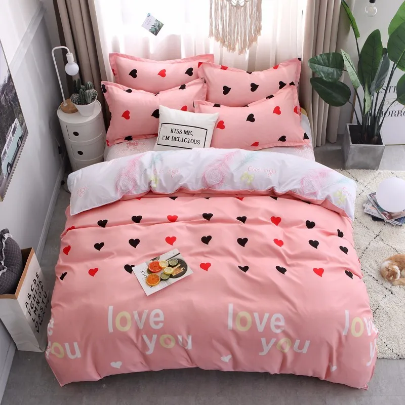 

Fashion Bedclothes Pink Heart Duvet Cover Bed Sheet Pillowcases King Queen Children Bedding Summer Bed Set Pastoral Home