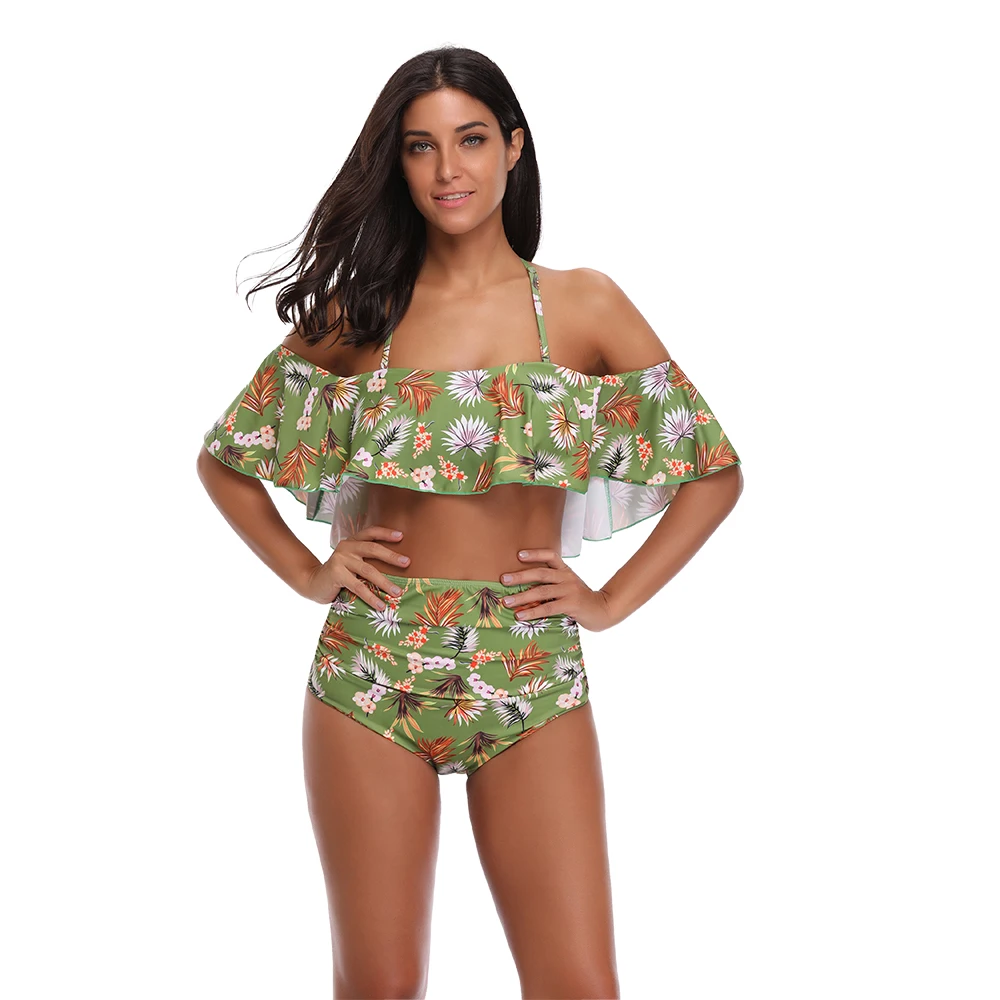 Günstige 2018 Sexy bikini Set Hohe Taille Bademode Frauen Gedruckt Swim Badeanzug Weiß Blau Badeanzug Vintage Bikinis