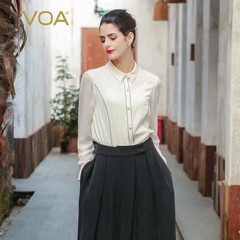 

VOA White Silk Blouse Plus Size Women Tops Formal Office Ladies Shirt Business Long Sleeve Beading Fashion Clothing Autumn B7556