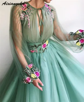 

Charming Light Green Evening Dresses Long Sheers A-Line Full Sleeve Jewel Neck Formal Evening Dress Party Dresses Vestidos