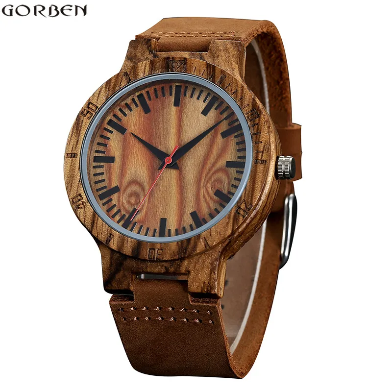 Gorben W055 2017 Модные мужские деревянные часы с ремешком из натуральной кожи