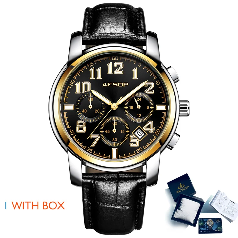 AESOP для мужчин s мужские часы лучший бренд класса люкс человек кварцевые наручные часы из нержавеющей стали для мужчин водонепроницаемый Relogio Masculino - Цвет: Gold black  Box