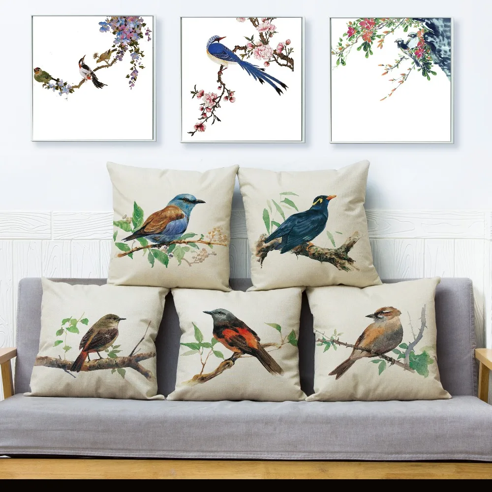 

Watercolor Chinese Ink Bird Print Throw Pillow Covers 45*45cm Cushion Cover Linen Pillows Cases Car Sofa Home Decor Pillow Case