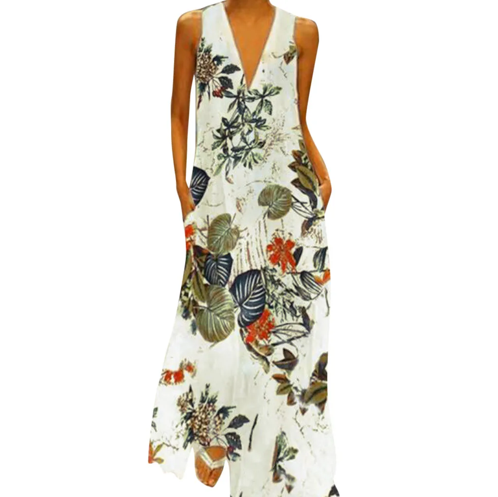 Summer Dress Boho Dress Women's Casual Sleeveless V neck Flower Print ...