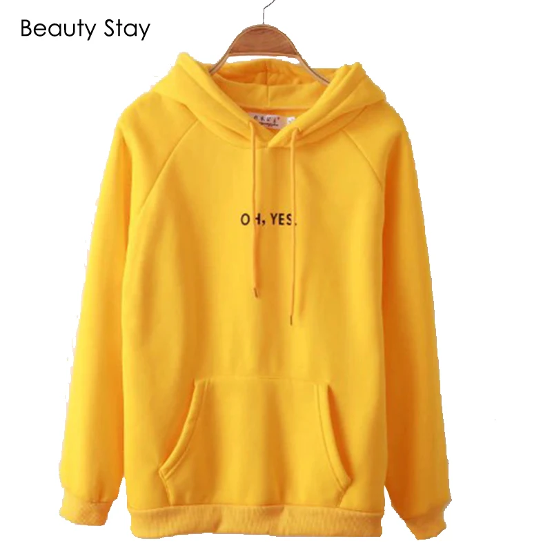 

Autumn Winter Oh Yes Letter Printed Women Hoodies Long Sleeves Harajuku Outdoor Yellow Thick Loose O-neck Pullovers Tops