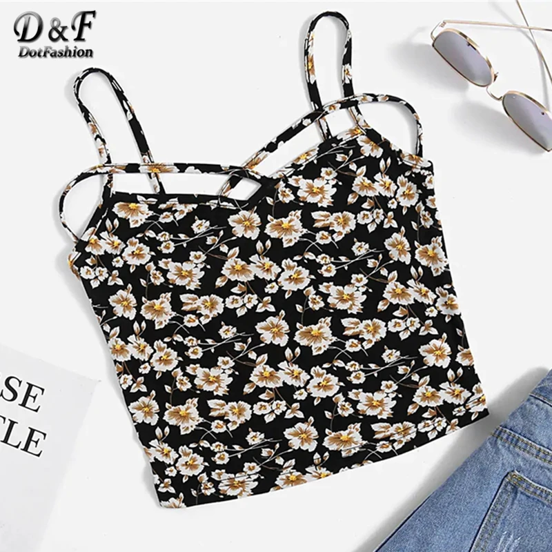 

Dotfashion Ditsy Print Crisscross Front Cami Top Women 2019 Summer Casual Vest Slim Fit Clothes Boho Beachwear Crop Camisole