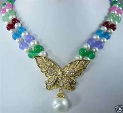 

Fast SHIPPING 2Rows 7-8mm White pearl multicolor jade necklace