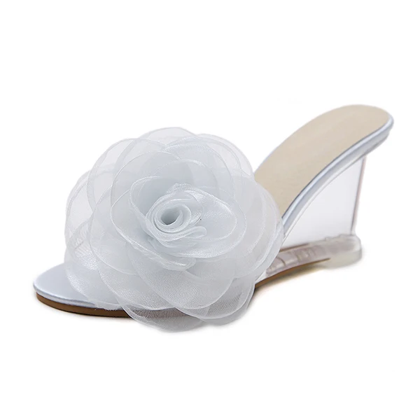 Брендовые женские шлепанцы; Летняя обувь на высоком каблуке; Muels; Уличная обувь на танкетке; обувь на платформе с цветочным принтом; женские вечерние шлепанцы - Цвет: White