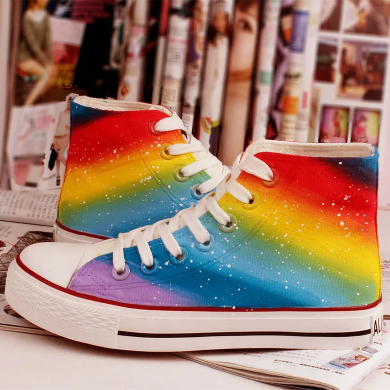 

US4-11 Europe Women Lace Up Sneakers Canvas High Top Rainbow Colors Flat Shoes Round Toe Breathable Summer Plus Size A390