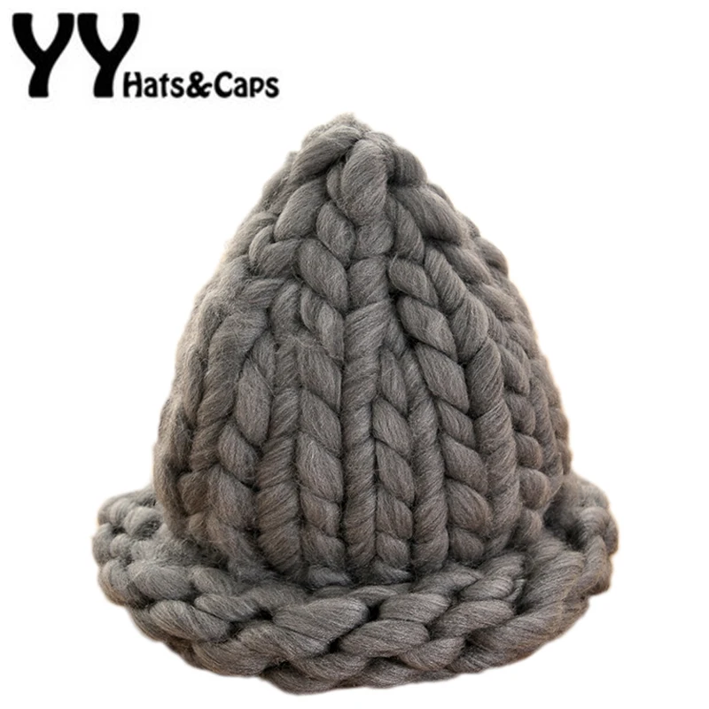 

Women Winter Warm Beanies Hat Handmade Thick Knitted Coarse Lines Cable Hat Candy Color Crochet Caps Female Beanie Hats YY18013