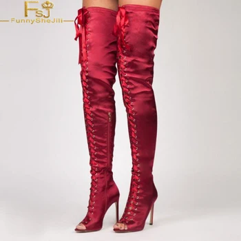 

FSJ 2020 New Design Brand Fashion Red Thigh High Lace Up Over The Knee High Boots Satin Stiletto Heel Long Booties For Woman 42