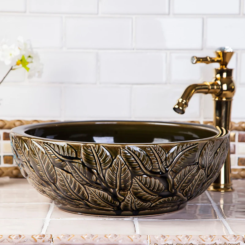 Leaves carveing Handmade Primitive Style Porcelain Countertop Lavabo
