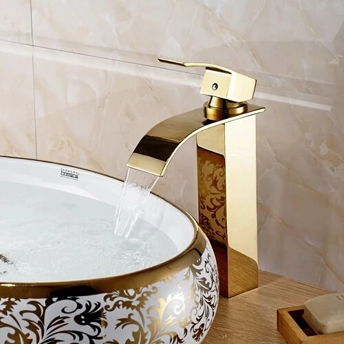 High Golden bathroom mixer waterfall basin mixer tap golden waterfall