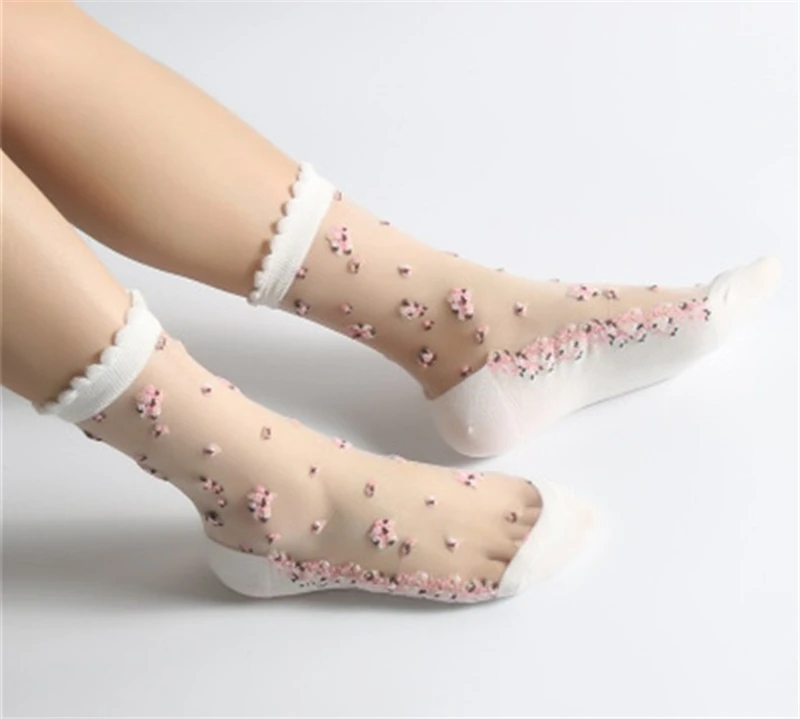 10 шт., Дышащие Ультра тонкие носки летние женские прозрачные кружевные шелковые хрустальные розовые цветочные эластичные короткие носки женские Sox