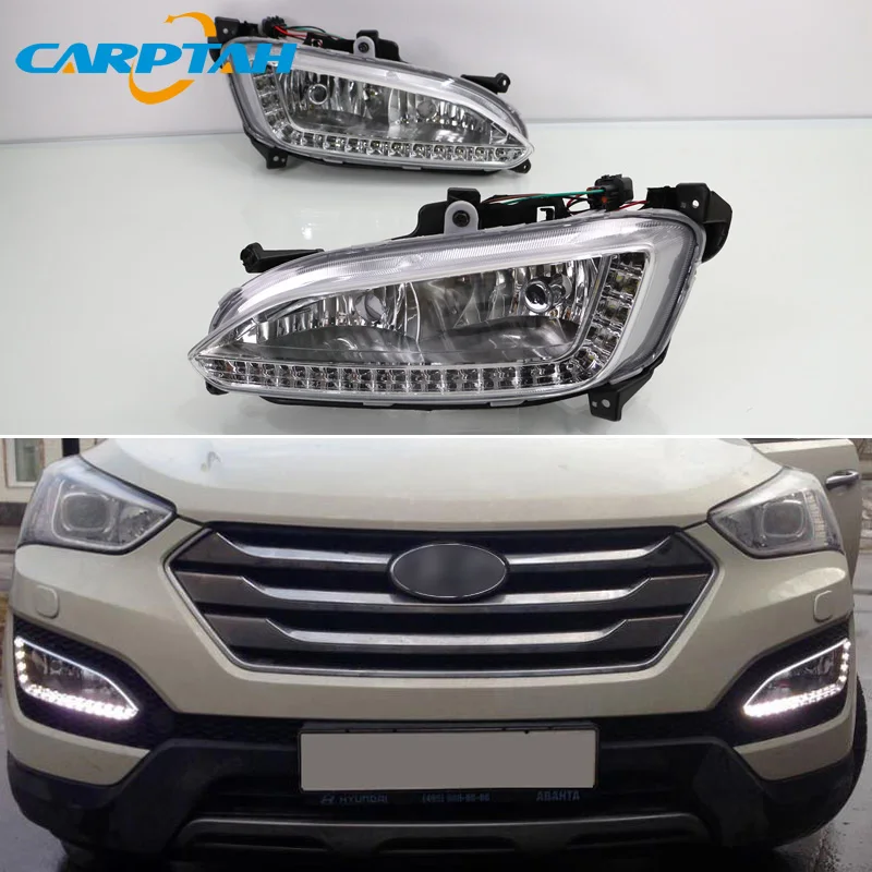 Светодиодный дневной светильник для hyundai Santa Fe IX45 2013- Plug& Play Водонепроницаемый 12В противотуманный фонарь декоративный элемент для бампера светильник светодиодный дневные ходовые огни