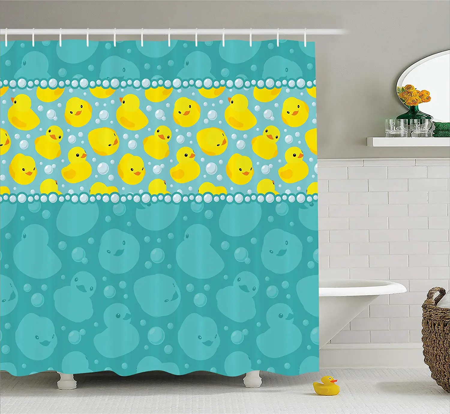 Rubber Duck Shower Curtain Set Cute Yellow Cartoon Duckies