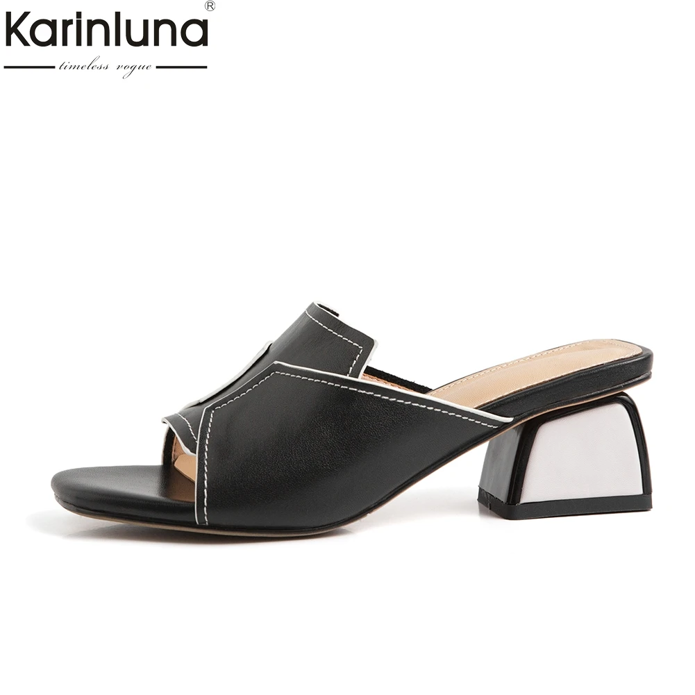 

brand design chunky heels genuine leather sheepskin lady pumps woman shoes summer shoes woman patchwork Mules shoes women